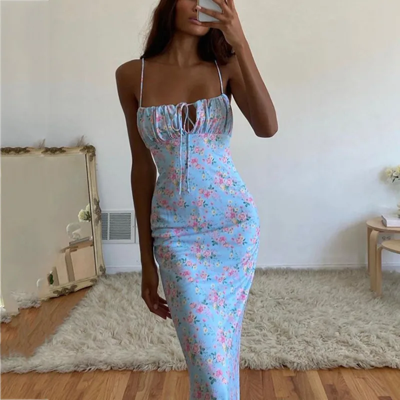 

European Size Runs Large Floral Print Ruffled Backless Tie Strap Long Mermaid Tail Bodycon Dress Elegant Flowy Feminine Stylish