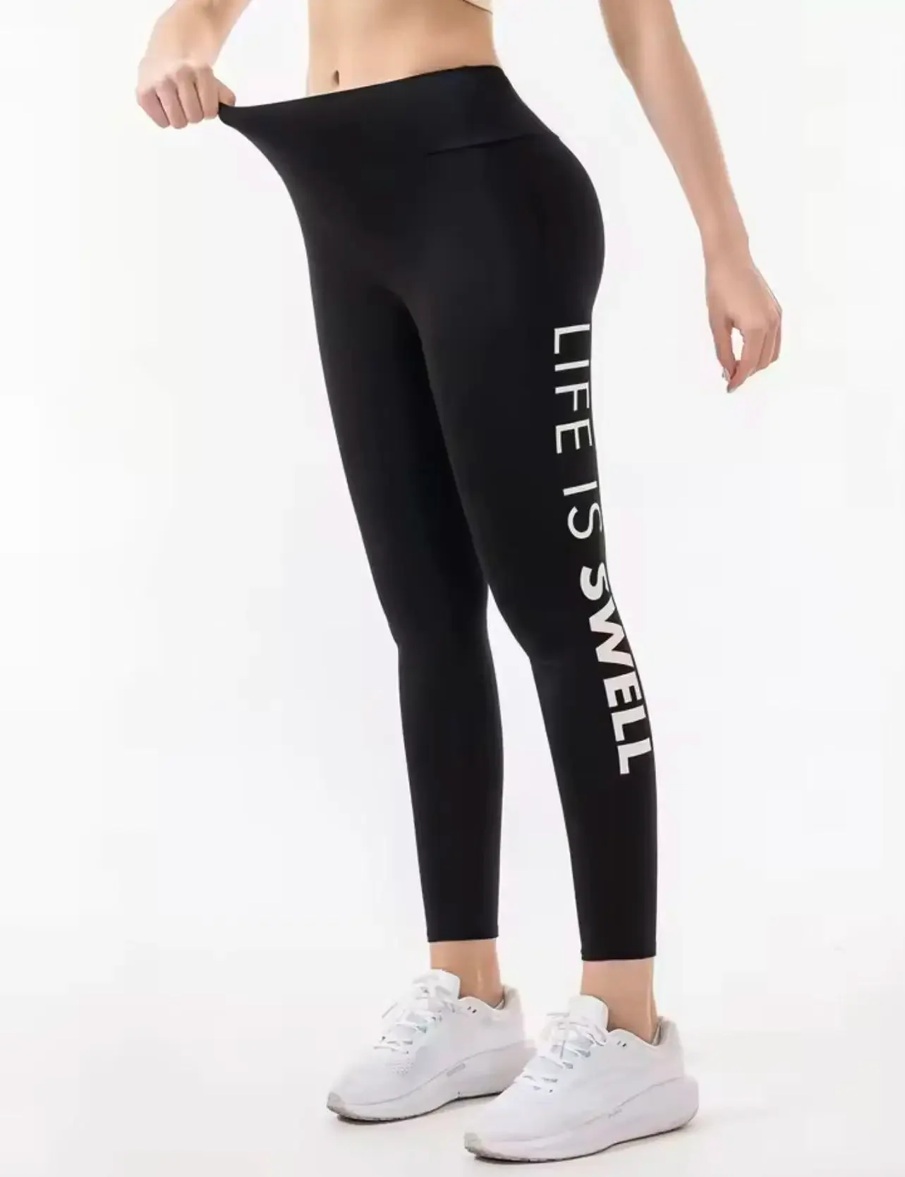 Women's High - Waist Butt - Lifting Outdoor Fitness Running Pants, Black with White Letter Patterns, Elastic Yoga Style