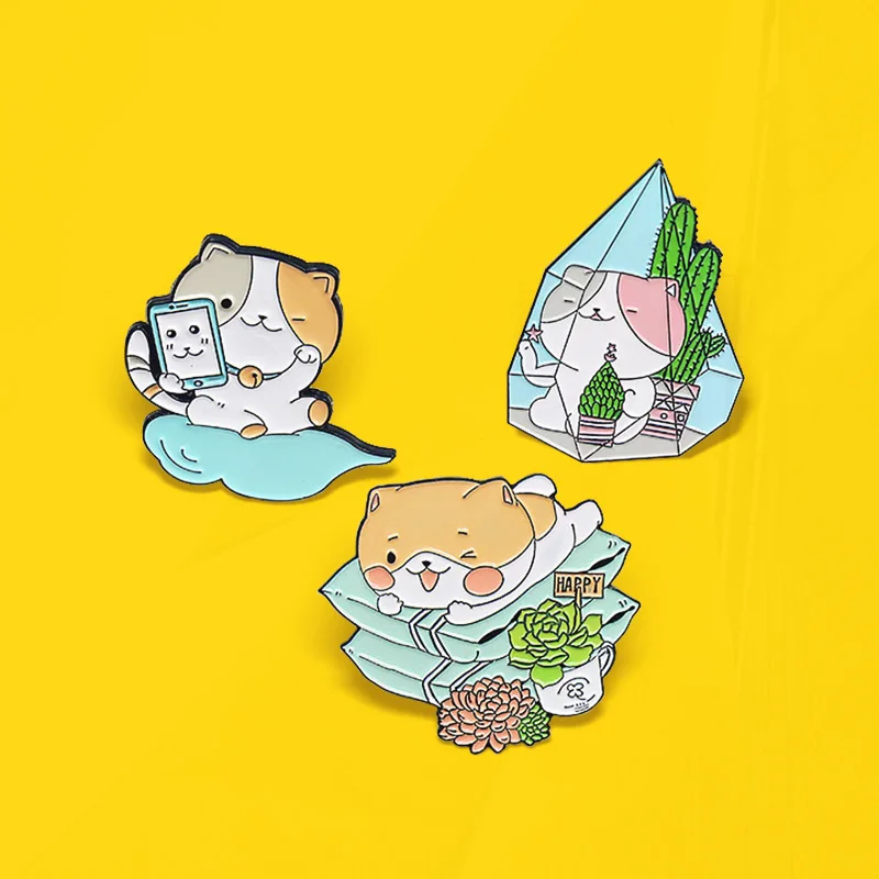 Crystal Blue Cloud Kitten Animal Pines Bag Lapel Badge Jewelry for Kids Friend Cute Happy Cat Enamel Pins Custom Potted plants