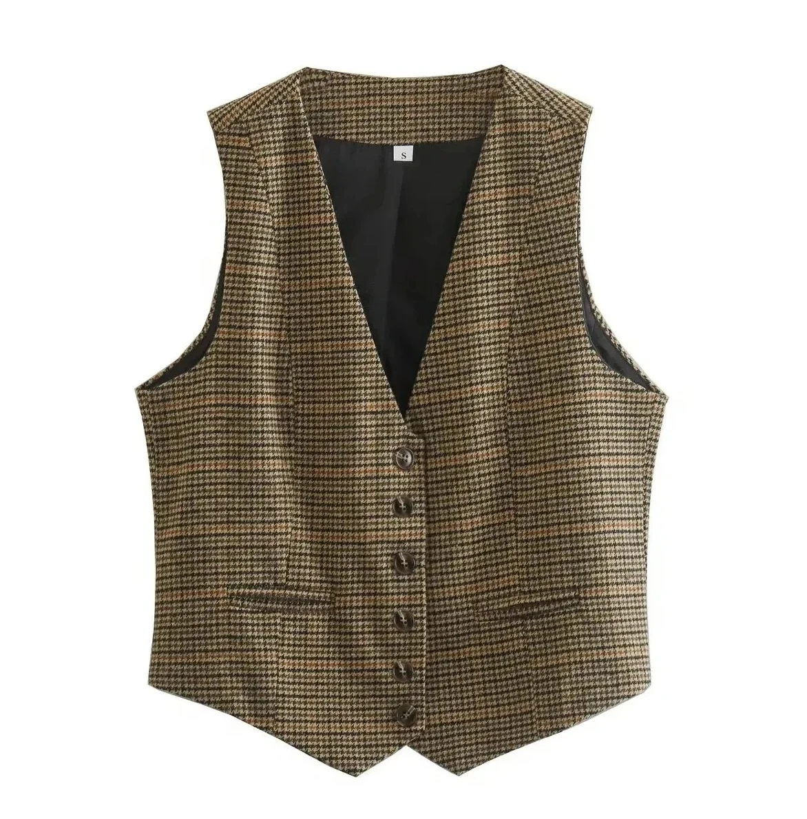 

Vintage Brown Plaid Women Blazer Sleeveless V Neck Buttons Jackets Autumn Winter Office Lady Blazer