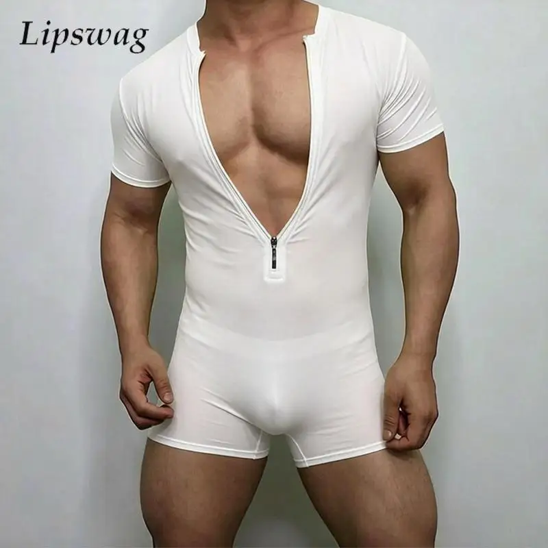 

Nightwear Mens Sexy Stretchy Slim Jumpsuits Pajama Summer Casual Zip-up Deep V Neck Bodysuits Men Party Fashion Bodycon Playsuit