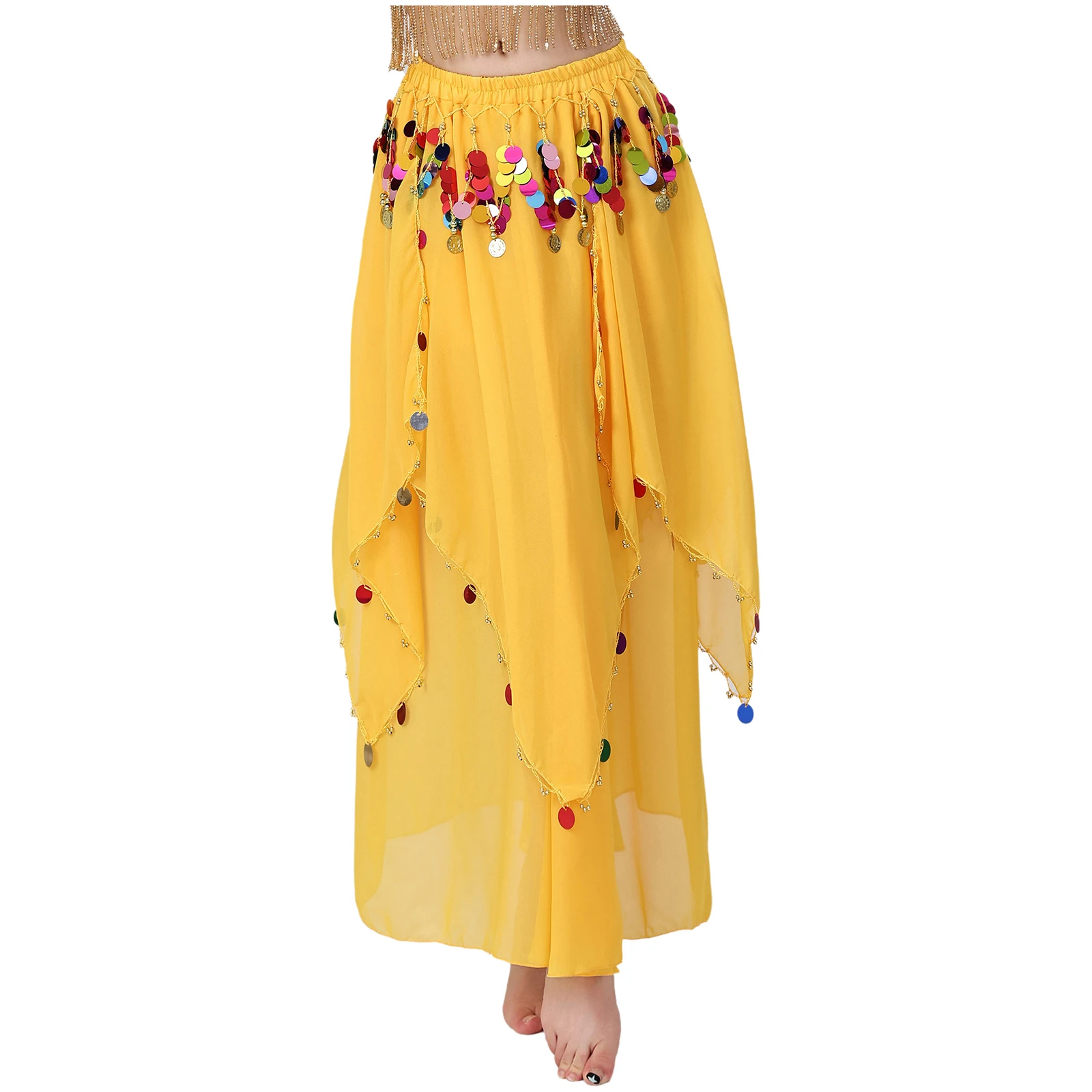 Womens Indian Folk Belly Dance Performance Costume Chiffon Skirt Glittery Sequin Tassel Irregular Hem Long Skirt Dancewear
