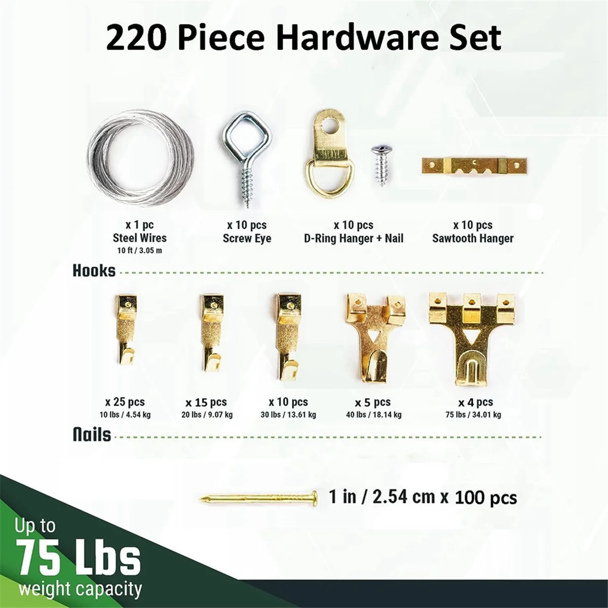

L74A Комплект для подвешивания картин, 222 шт., молоток, уровень, ассортимент вешалок для картин, сверхмощные крючки для рамок с гвоздями, подвесной провод