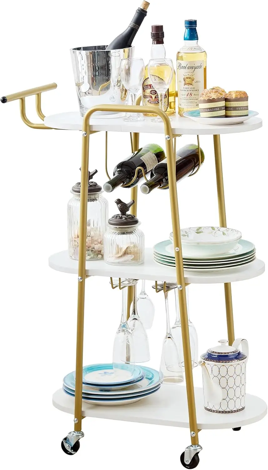 3 Tiers Bar Cart, Home Bar Serving Cart on Lockable Wheels, Rolling Alcohol Cart Modern Wine Cart for Home Kitchen Dining