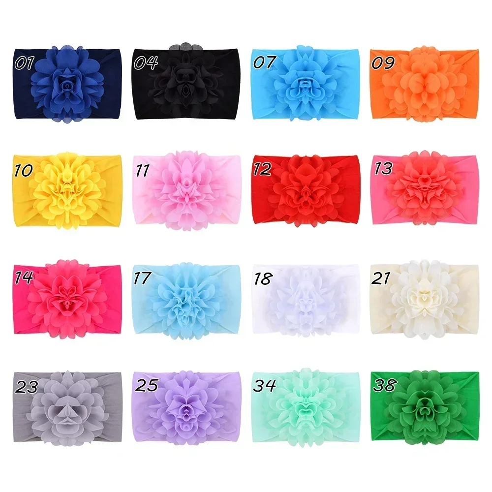 1 Stuks Baby Meisjes Soild Kleur Grote Chiffon Bloem Hoofdband Kinderen Toddle Brede Tulband Elastische Nylon Hoofddeksels Haaraccessoires