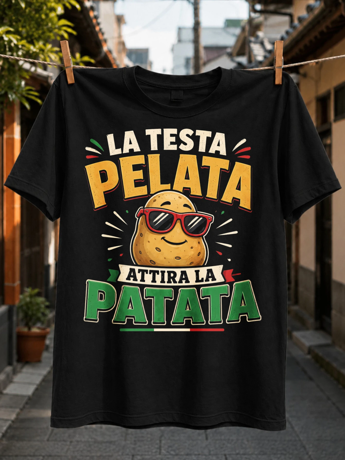 Funny Potato Tee with Italian La Testa Pelata Attira La Patata text sunglass potato green yellow  Unisex All T-Shirt