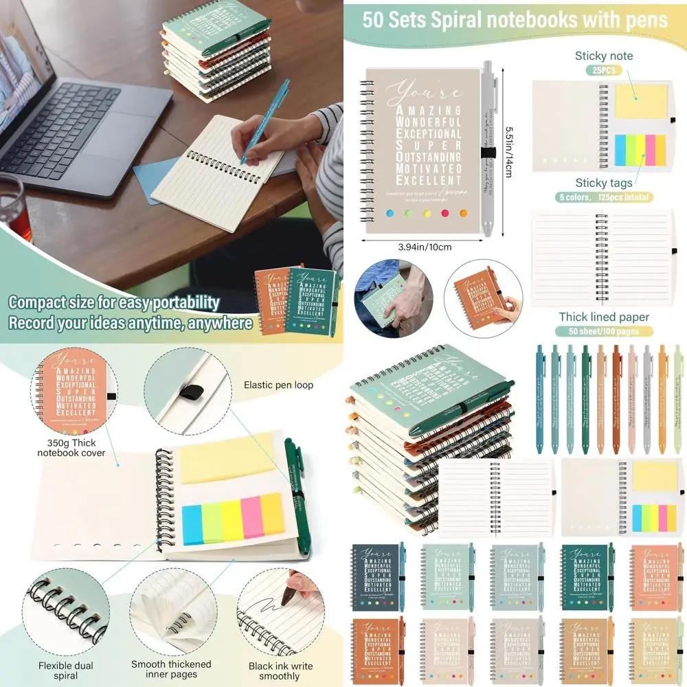 

50 Sets of 100-Page Inspirational Spiral Notebooks with Sticky Notes and Pen - Bulk Gift for Christmas Employee Appreciation and