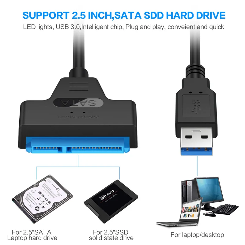 Usb 3.0 sata 3 cabo sata para usb 3.0 adaptador até 6 gbps suporte 2.5 polegadas hdd ssd disco rígido externo 22 pinos cabo sata iii