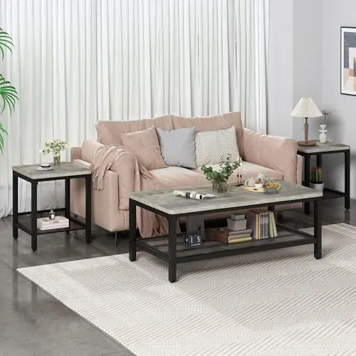 Coffee Table Set of 3, Industrial Coffee Table with 2 Square End Side Tables, Modern Living Room Table Set with Metal