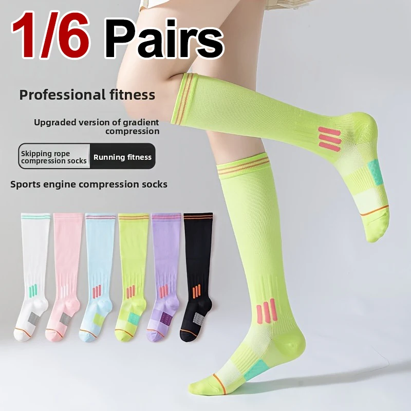 

Компрессионные спортивные носки для женщин, 1/6 пары, высокие, влагоотводящие, антибактериальные, для фитнеса, бега, йоги, на все сезоны