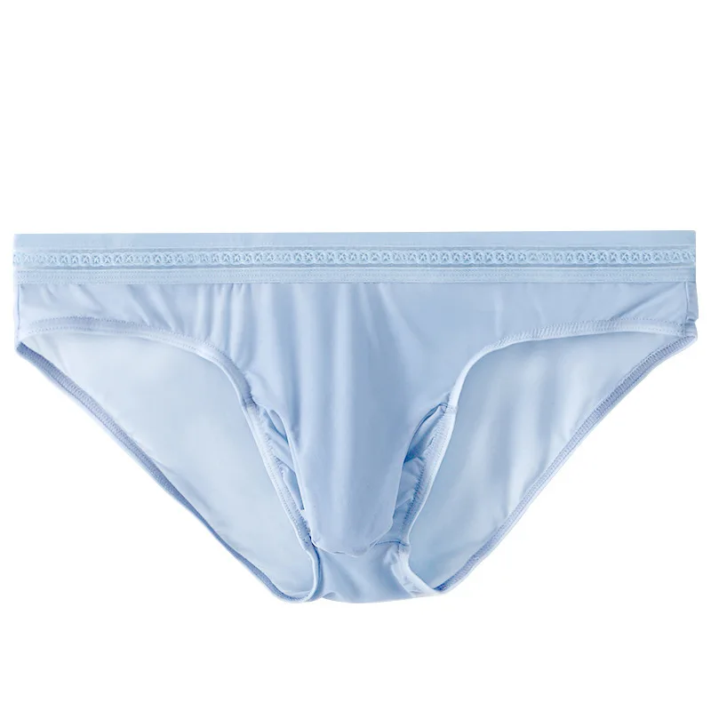 Men Ice Silk Briefs with Ball Pouch Sexy Breathable Low Rise Lace Trim Underwear for Summer Comfortable Soft Thin Sports Panties
