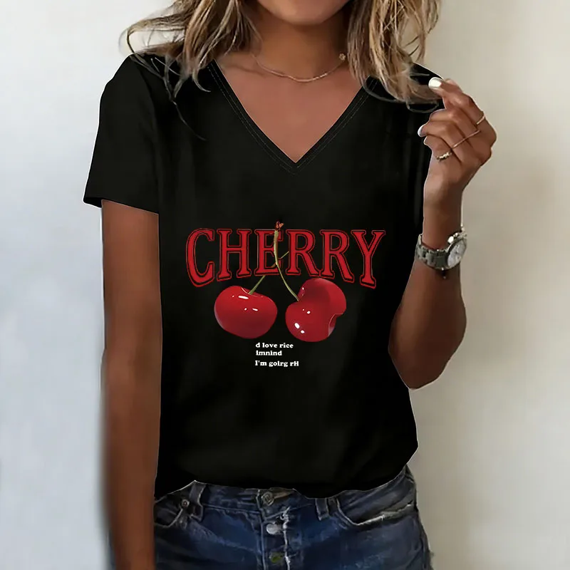 Trendy Cherry 90s T-shirt V Neck Casual Fashion Y2k Cherry Printed T Shirts Women Short Sleeve Tee Shirt V-Neck Harajuku