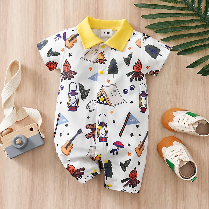 0-24M Baby Boys Summer Romper Short Sleeve Campfire Tent Lantern Print Cotton Lapel Bodysuit Newborn Outdoor Outfit