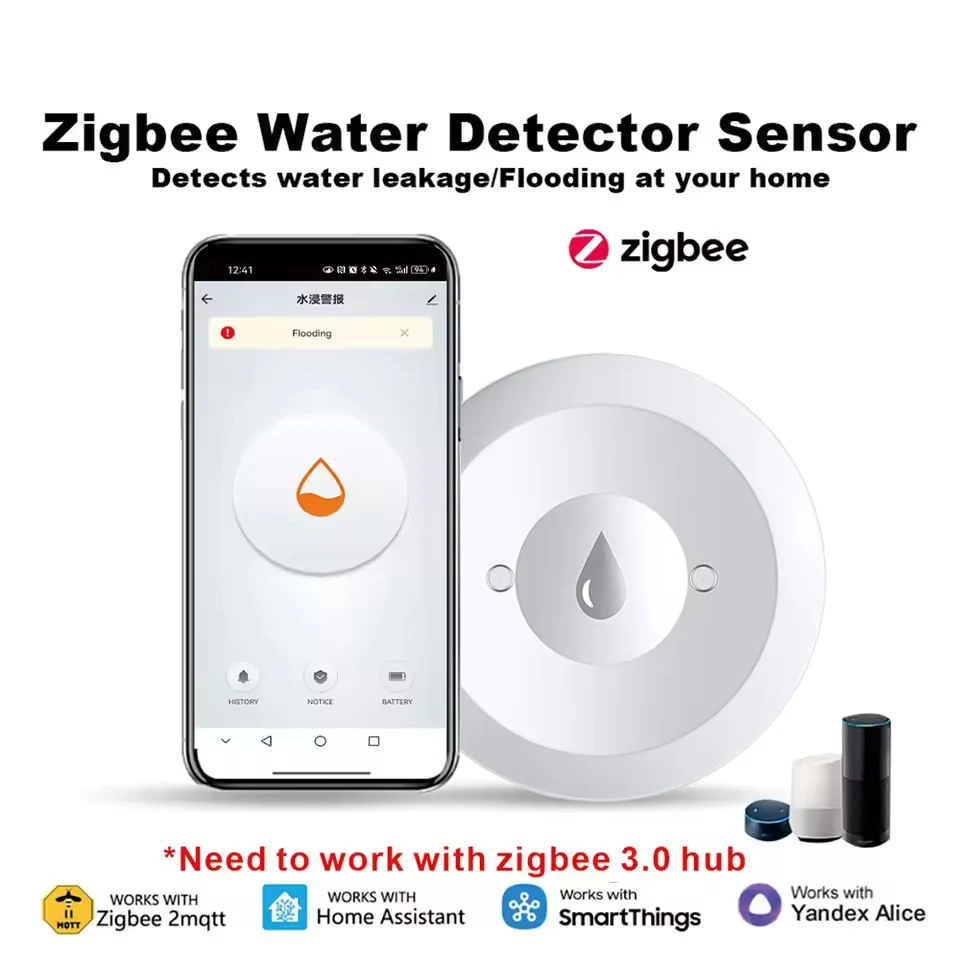 Zigbee Water Sensor Flood Leak Detector App Remote Monitoring for Kitchen/Bathroom Support Home Assistant Zigbee2mqtt