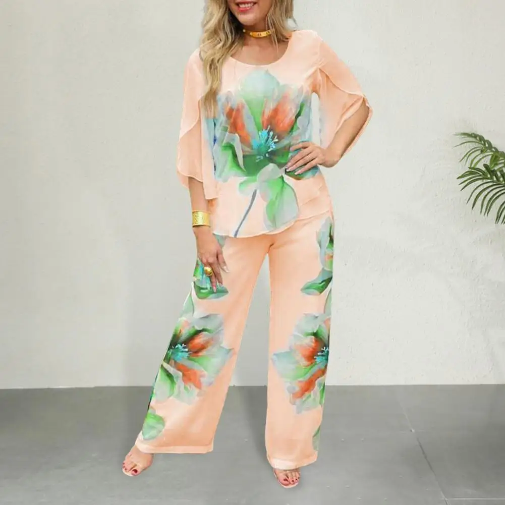Fall Spring Two-piece Set Floral Print Women's T-shirt Pants Set with Irregular Sleeves Elastic Waist Colorblock for Women