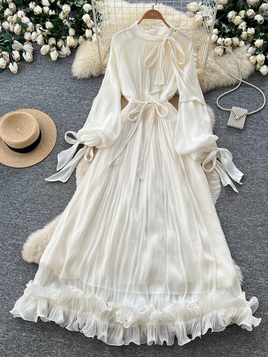 Elegant White Long Sleeve Women's Dress with Sash Waist Cinching Pleated A-Line Maxi Skirt City Commute Suitable Summer Dress