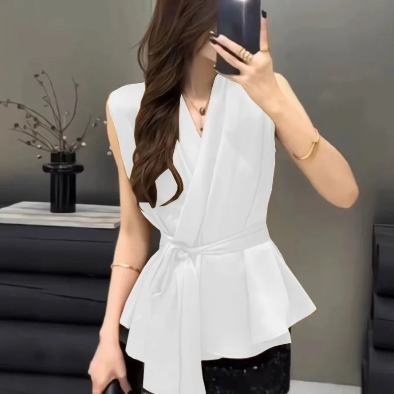 New Summer Slim Sleeveless Shirt Women Fashion V-neck Cross Lace Up Solid Color Thin Temperament Elegant Office Lady Top