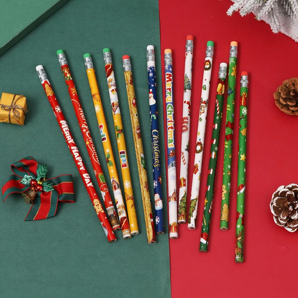 School Pencils Colorful Christmas Pencil Set Hb Wooden Pencils Eraser-Tipped Wooden Lead Pencils For Holiday Party Activities