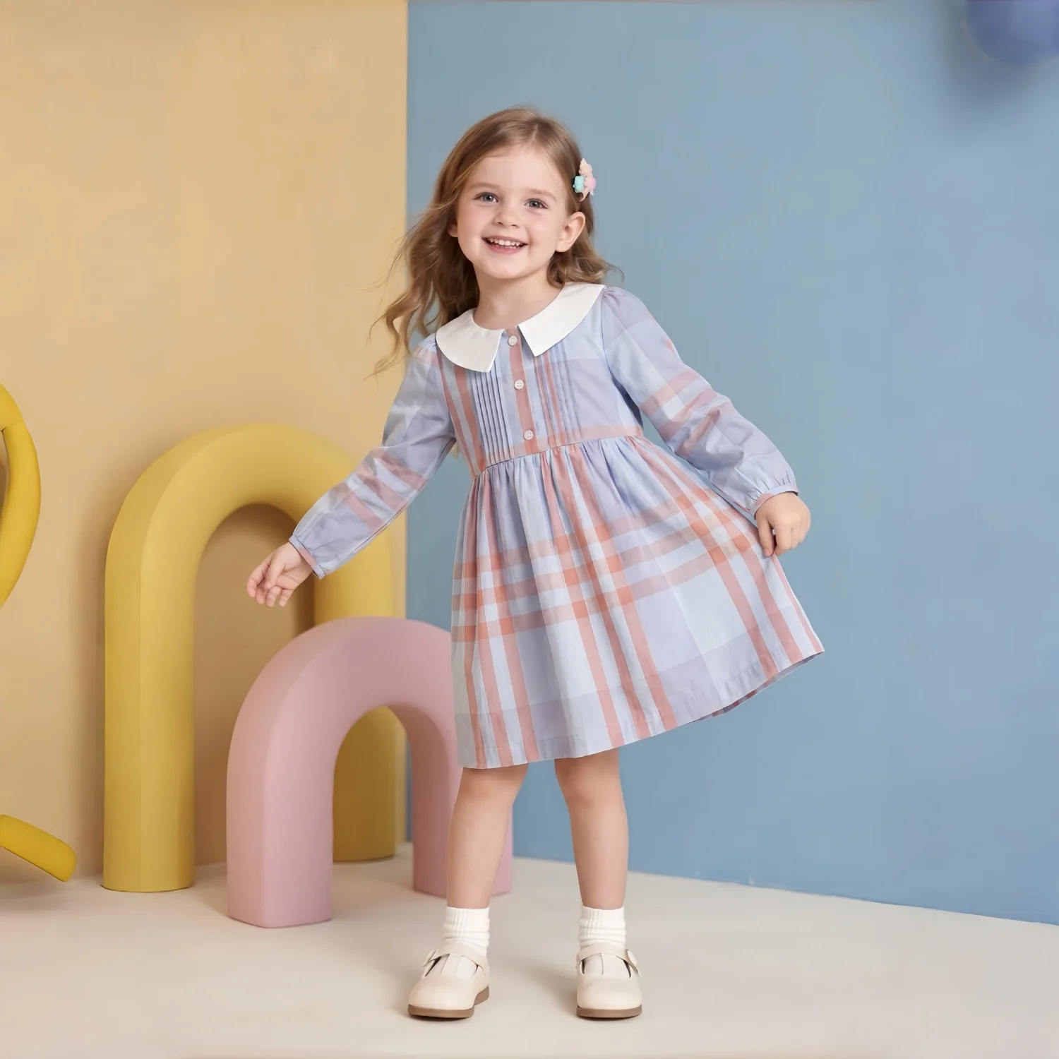 New Kids Designer Long Sleeve Plaid Dresses for Princess Girls Casual Luxury Brand Spring and Autumn Children Cotton Clothes