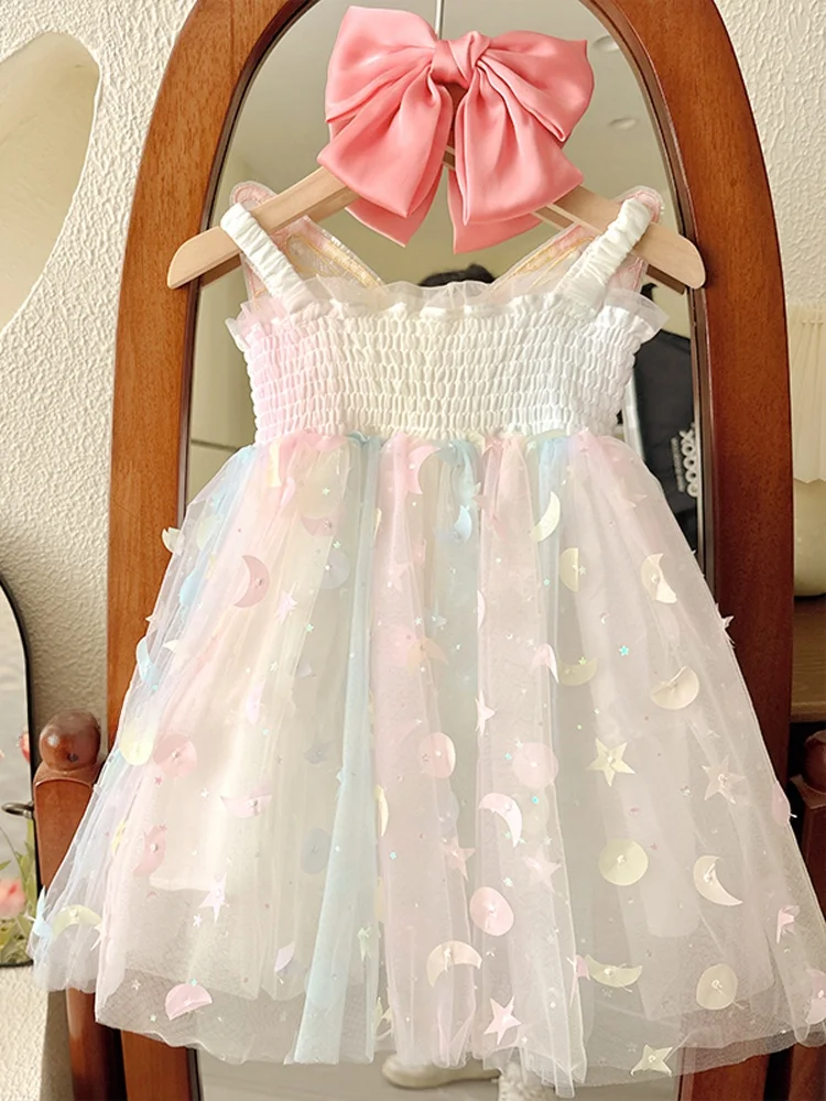 여아 나비 무지개 드레스 여름 신상 요정 공주 스커트 메쉬 통학 한국 스타일 민소매 단색