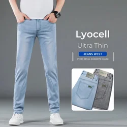 Spring Summer Thin Lyocell Men's Slim Jeans Brand Clothing Korean Classic Straight Stretch Fashion Casual Denim Trousers