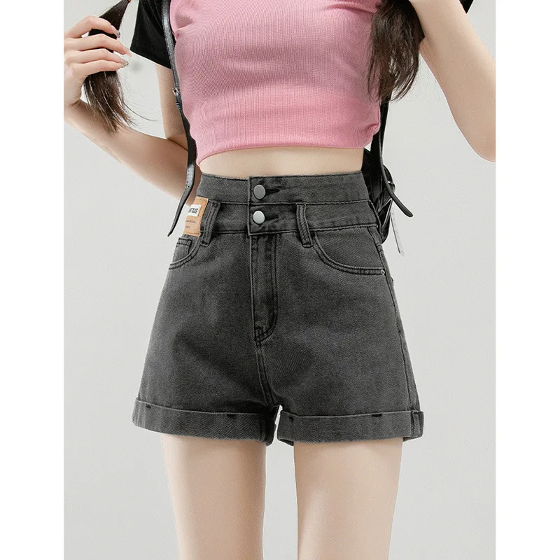 

Повседневные джинсовые шорты с высокой талией для женщин, летние тонкие прямые брюки трапециевидной формы с отверстием для ног, модные шорты в повседневном стиле из материкового Китая