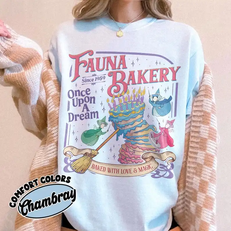 Fauna Bakery Baked With Love And Magic Shirt, Sleeping Princess Tshirt, Fairy Godmother Tee, Theme Park Family Shirts