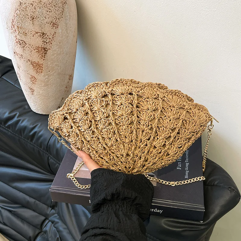 المرأة القش شل حقيبة كتف موجة الدانتيل الشاطئ حقائب كروسبودي جوفاء المنسوجة يدويا مخلب محفظة الهاتف الحقيبة لقضاء عطلة الصيف #2