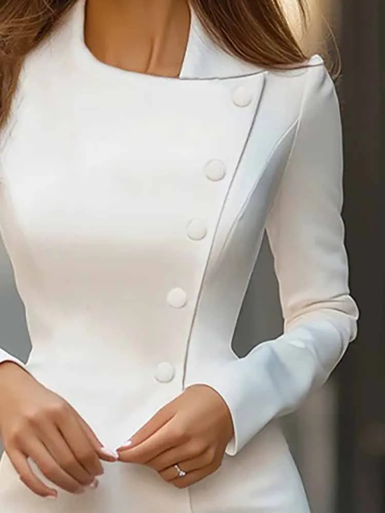 Abito da festa casual a maniche lunghe Autunno Abito longuette sottile con collo asimmetrico sexy Abito da donna elegante monopetto solido avvolgente