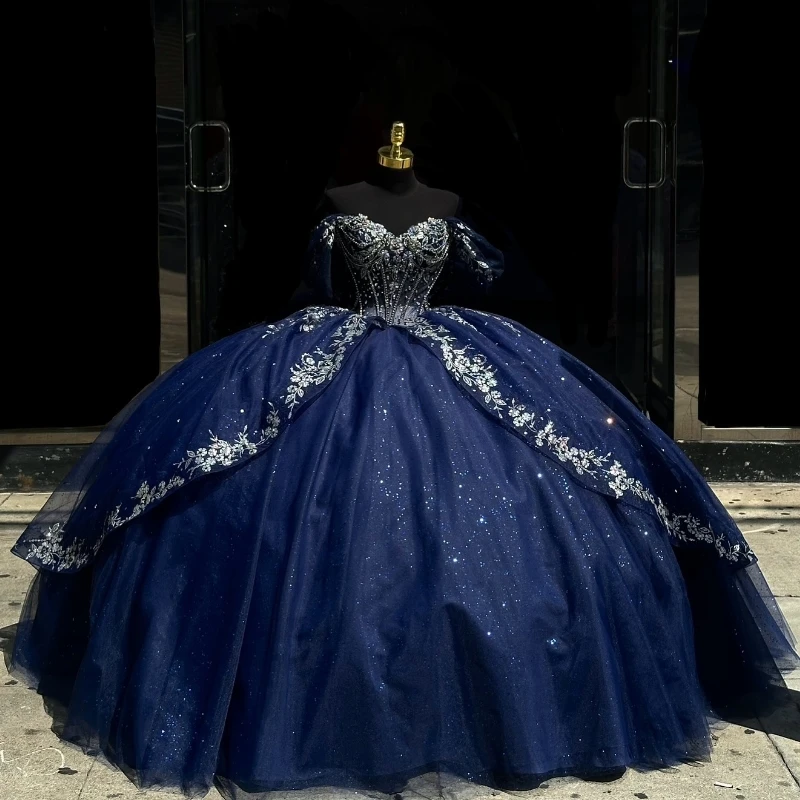 

Royal Blue Ball Gown Quinceanera Dresses 2024 Appliques Lace Beads Bow Tull Off Shoulder Sweet 15 16 Years Birthday Party Formal