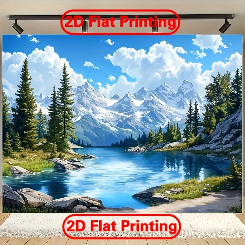 La bannière promotionnelle est conçue en format 2D et présente des montagnes, des forêts et des lacs. Il est fabriqué en tissu polyester.