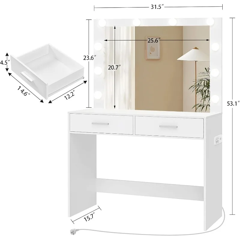 

Small Vanity Desk with Mirror and Lights, Makeup Vanity Desk, Vanity Table Set with 2 Drawer & Power Outlets