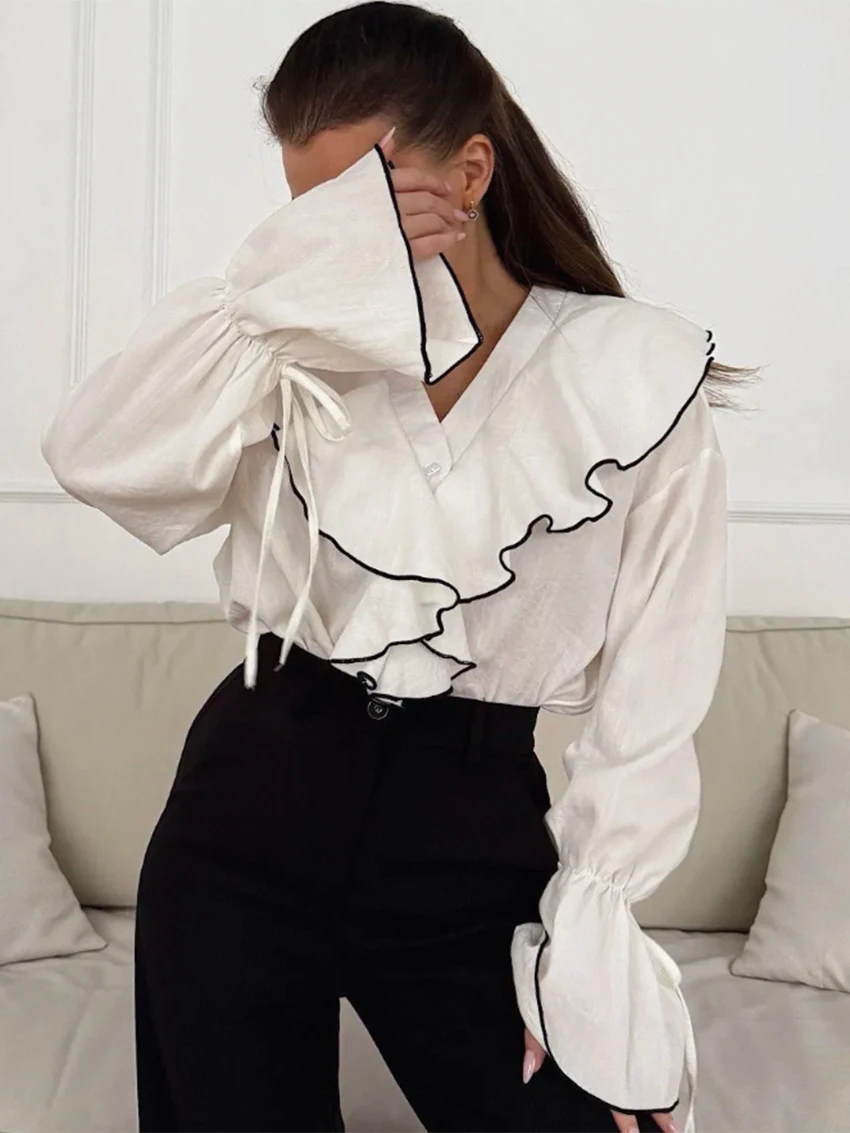 Parc Fee mode ample blanc bureau femmes chemise 2025 décontracté col en v à manches longues chemise élégante volants haut rigide femme vêtements