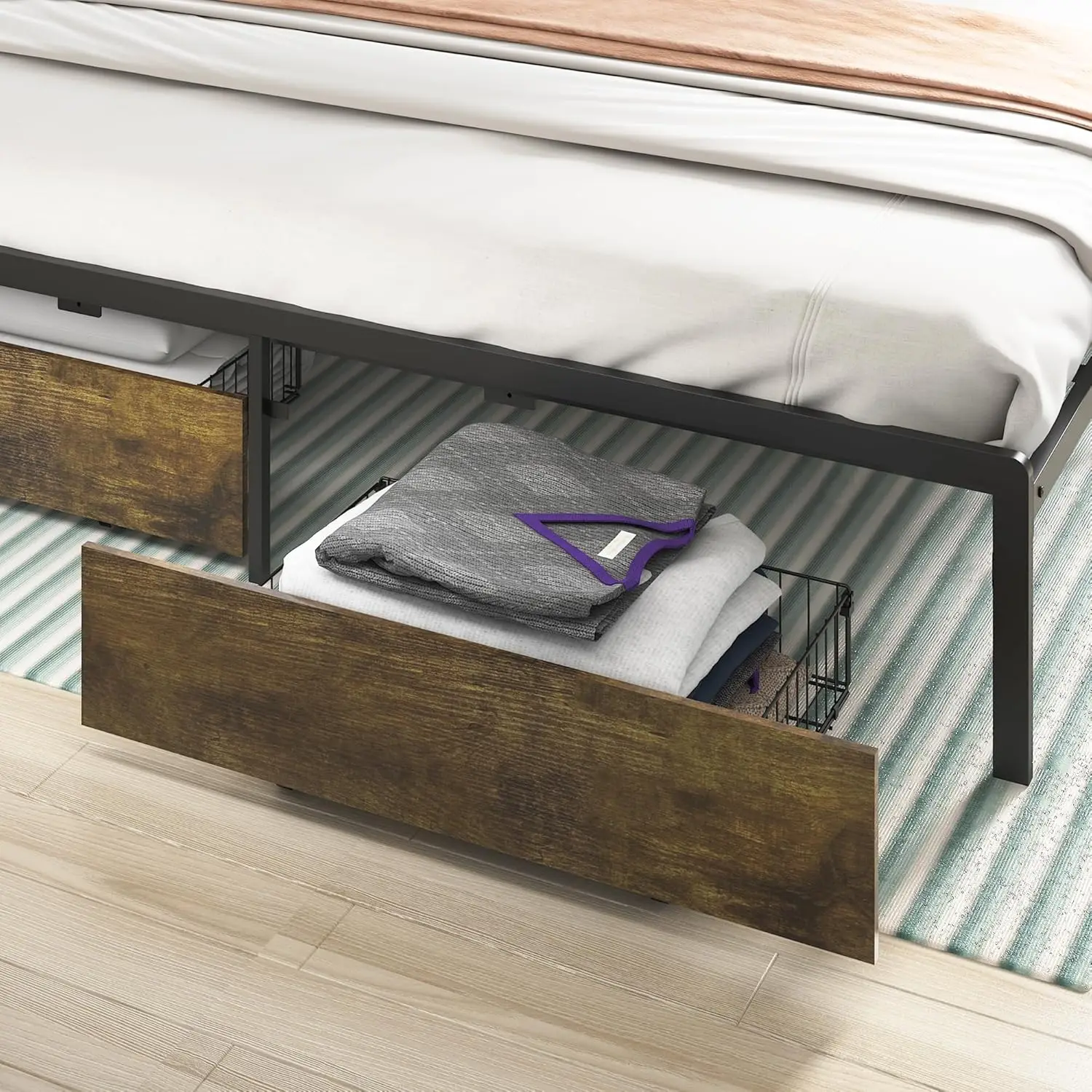 King Bed Frame With Storage Headboard, Metal Platform Bedframe With Storage Drawers, Built In Led & Charging Station, Metal