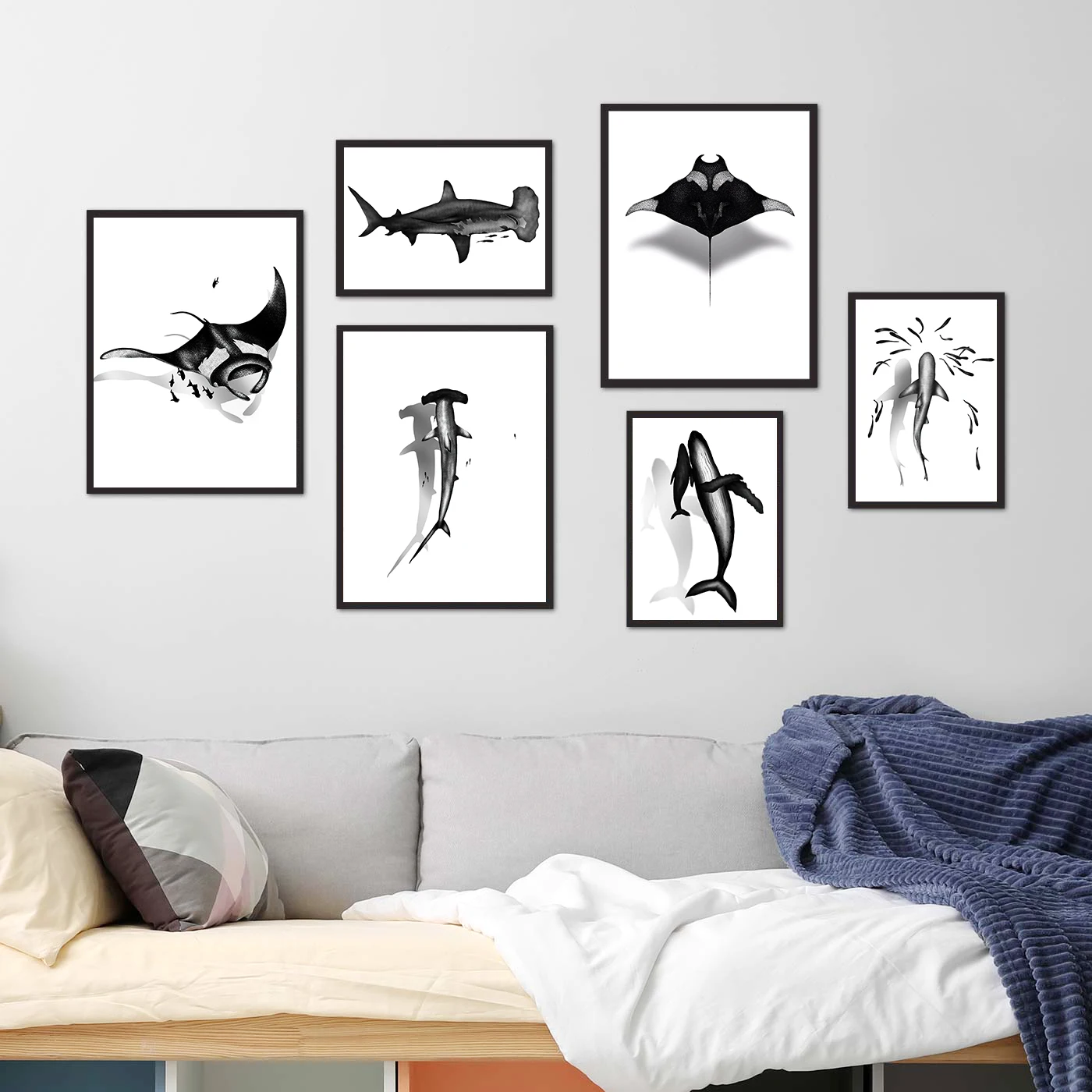 Delfín, cabeza de martillo, tiburón, ballena, organismo marino, cuadro sobre lienzo para pared negro, póster nórdico, decoración para el hogar y la sala de estar