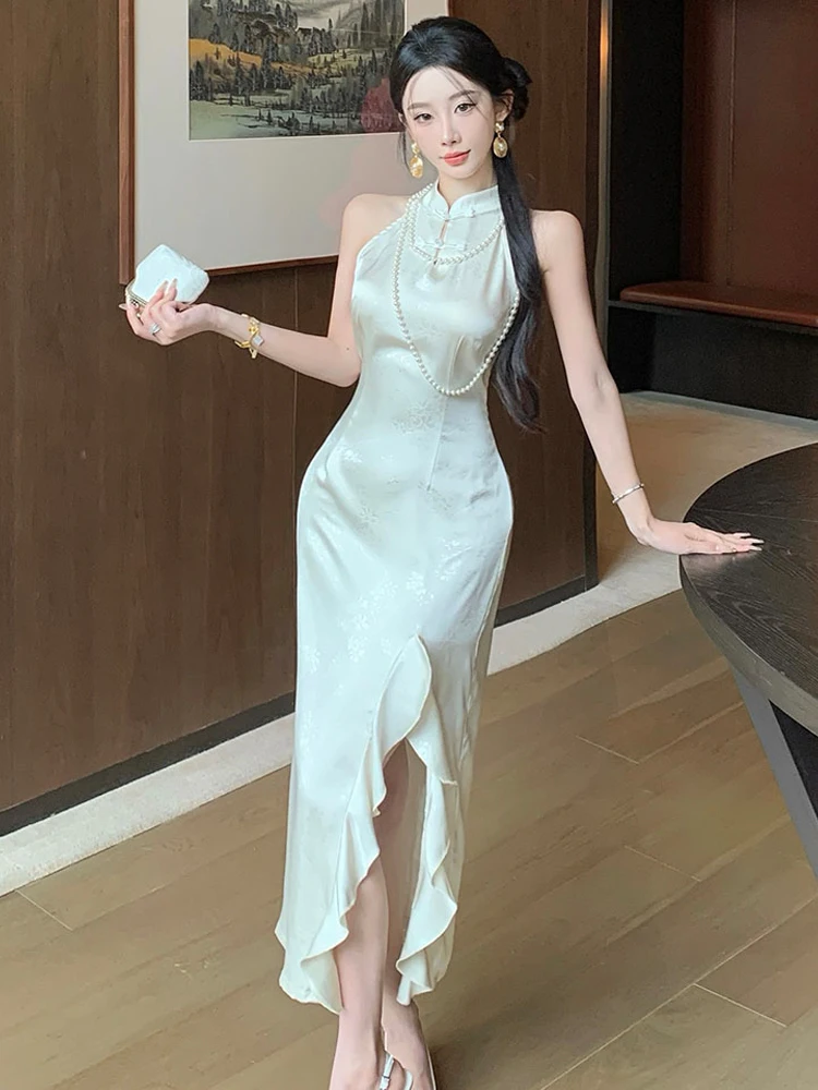 ヤングスタイルスリムチャイナドレス新作ノースリーブハイ-スリットセクシーラップボディコンドレスヴィンテージ風ストレートカラーエッジ