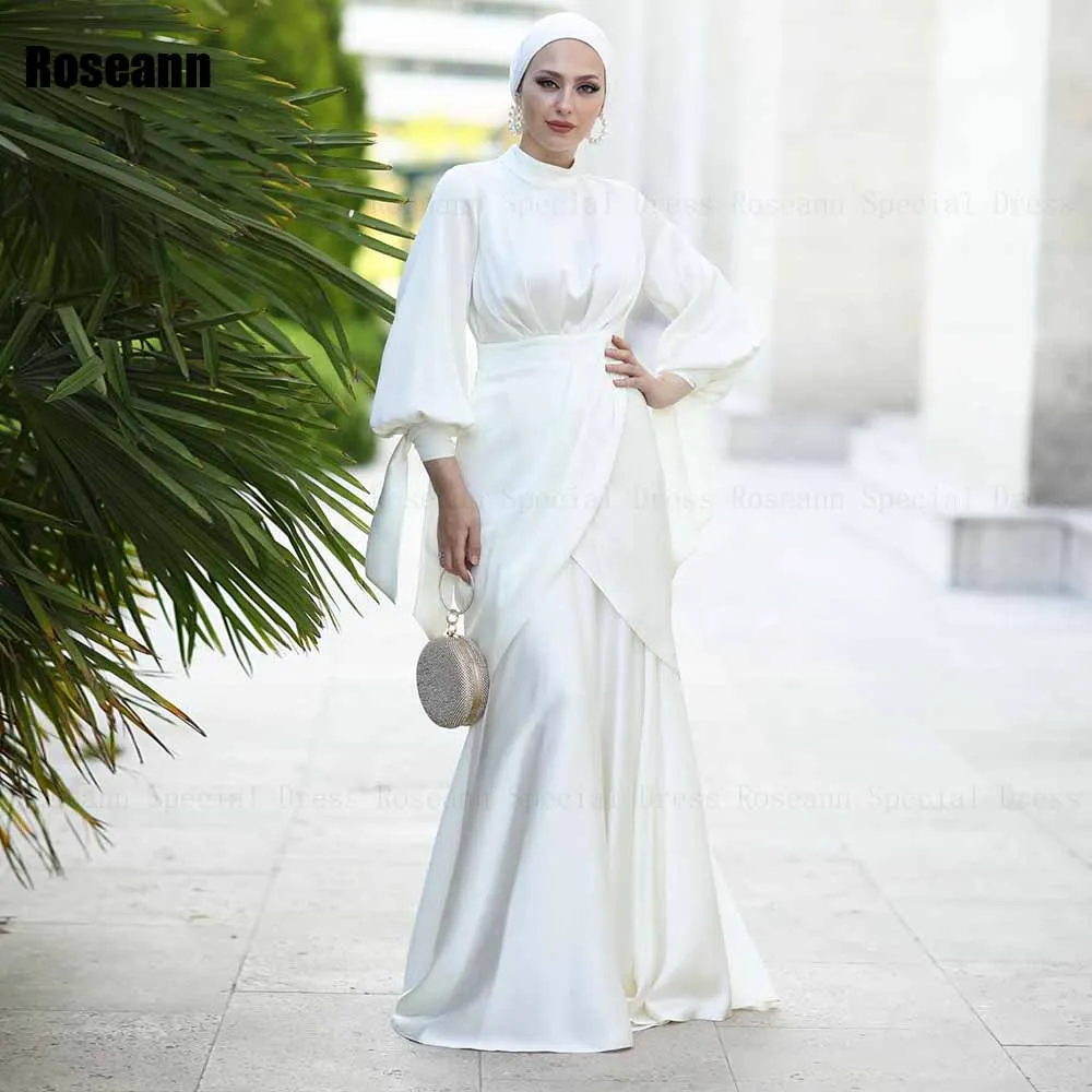 

Muslim 2024 High Collar Mermaid Wedding Dresses Satin Criss-Cross Draped Pleat Ribbon Floor Length Bride Dress robe de mariée