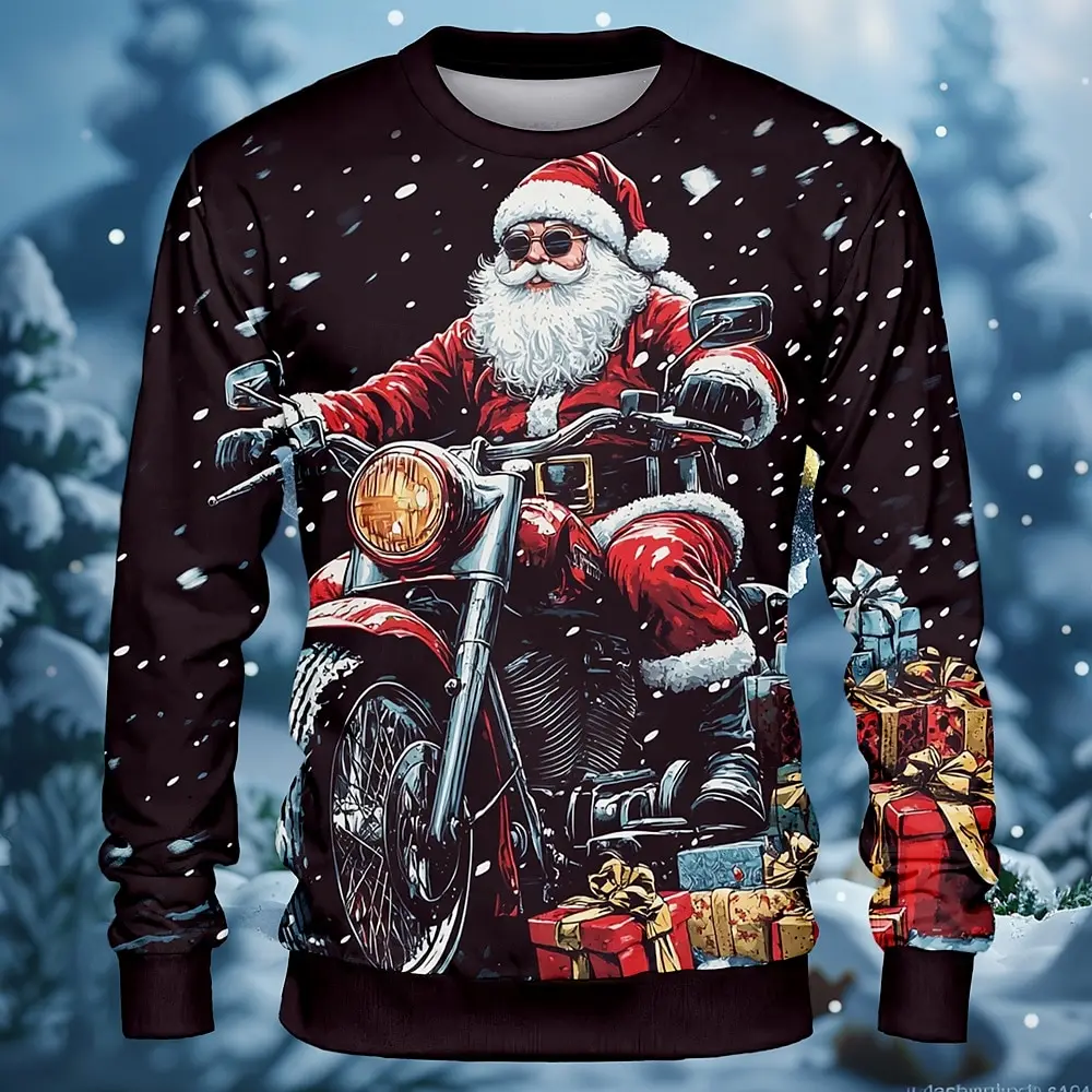 Sweatshirt Pria Natal lucu Pullover Gambar Santa Claus atasan baju pria ukuran besar bercetak keren grafis lucu