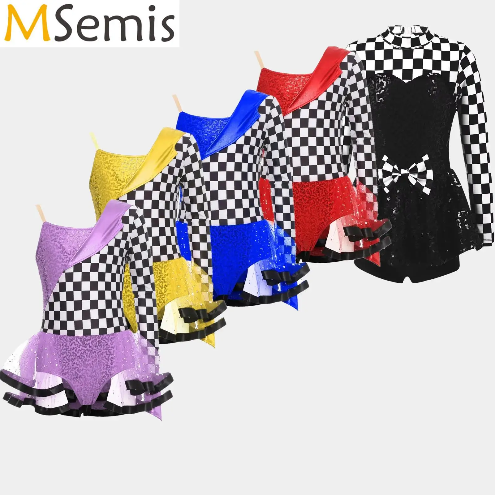 

Girls Racer Car Driver Queen Cosplay Costume Halloween Dress Up Sequin Checkerboard Printed Bowknot Performance Tutu Dress