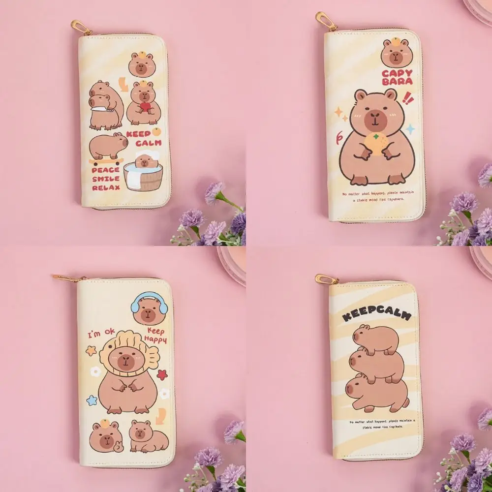 Nueva cartera larga de capibara de dibujos animados, tarjetero de cuero PU impermeable con cremallera, tarjetero multicapa para mujer