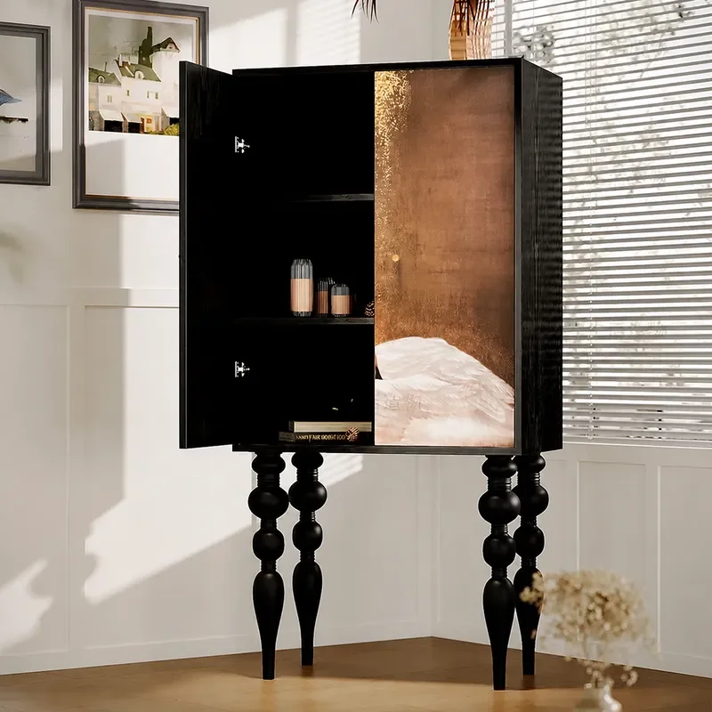 Retro Tall Solid Wood Cabinet Swan Bucket Design Double Door Storage Unit for Entrance Living Room Home Organization