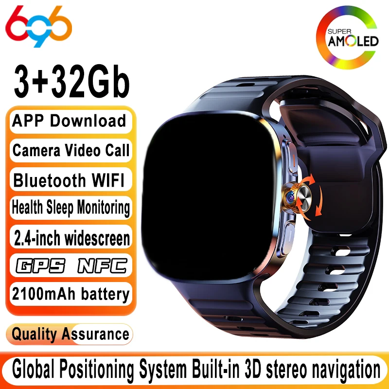 4G Smart Watch Full Netcom APP Download NFC WIFI GPS Smartwatch SIM 3+32Gb RAM Health Monitor Rotate Camera 2.4' AMOLED Screen