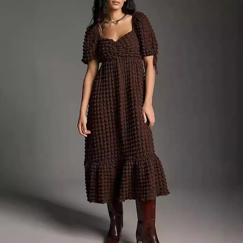 

French 2024 Square Collar Lattice Retro Dress Women Chic Short Sleeve Ruffle Loose Party Dress Elegant Waist Pleat Long Dress