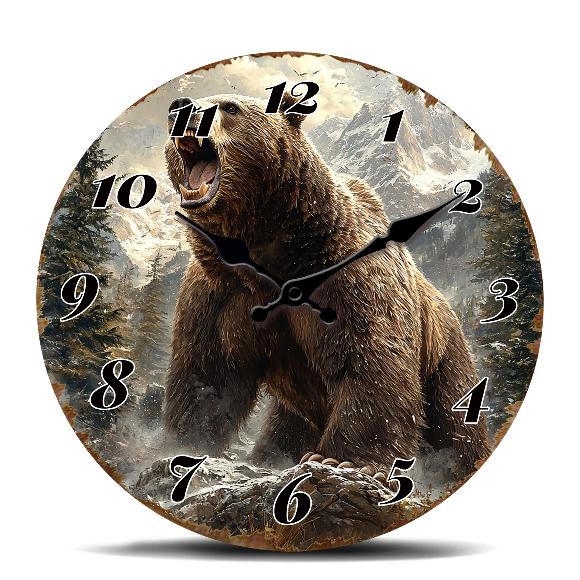 Wild Bear Snow Mountain Wanduhr, Naturkunstdekor, stille Quarzuhr, einzigartiges rundes Design