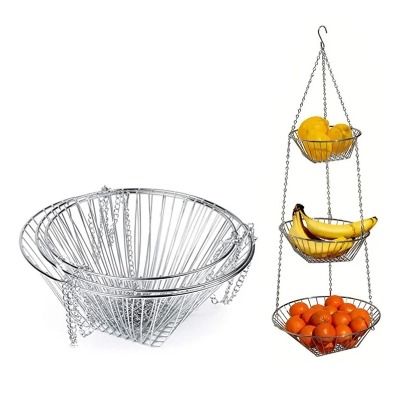 3 Tier Wire Hanging Fruit Basket Home Kitchen Metal Vegetable Storage Organizer 3-Layer Baskets