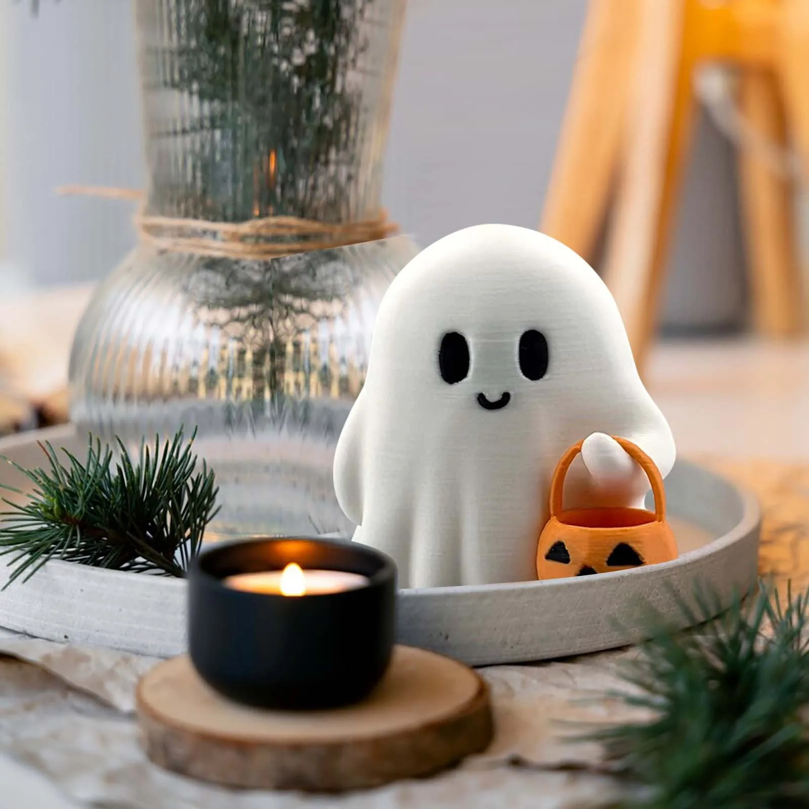3D‑Printed Cute Ghost Figurine With Pumpkin Bucket Halloween Desktop Ornament Creative Home Tabletop Decoration Holiday Party Decorative Small Statue