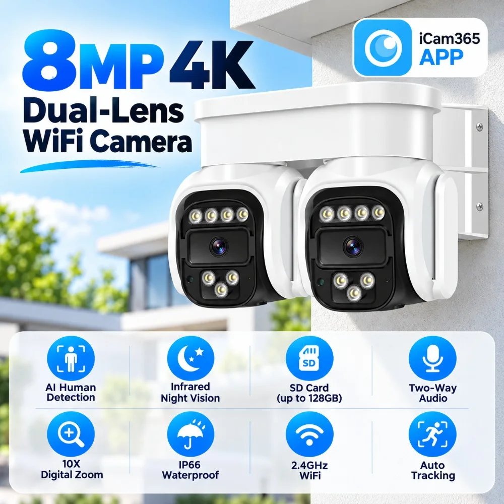 4K 8MP WiFi Dual Gimbal Camera Outdoor Dual Lens Dual Screen Motion Derection IP Cameras AI Tracking Security Surveillance CCTV