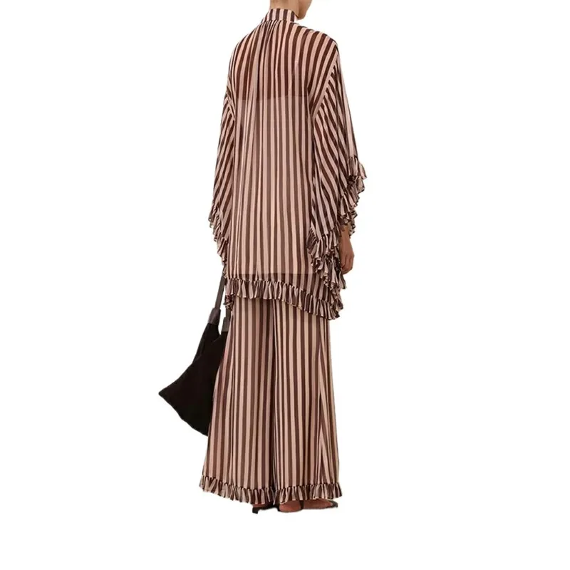 

Pleats Design 2025 Brown Stripes Print Ruffles Frilled Long Sleeve Blouse Tops and Pants High Quality Set