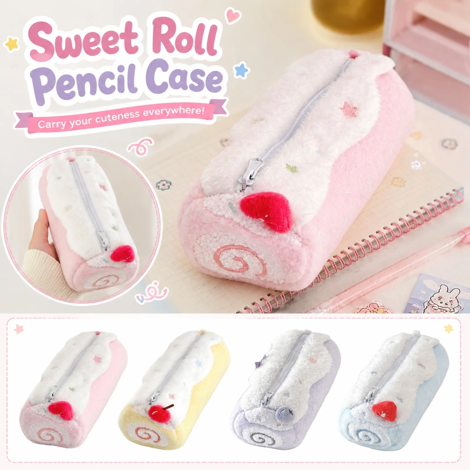 Cute Sweet Roll Pencil Case Kawaii Plush Pencil Box Large Capacity Stationery Organizer School Kids Girls Gift Stationery 2026