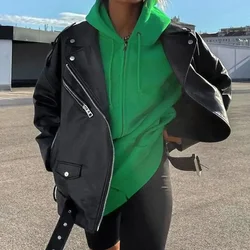 Drop-shoulder PU Coat Loose Casual Coat Motorcycles Locomotive Outwear with Belt Women Spring Autumn Faux Leather Jackets Female